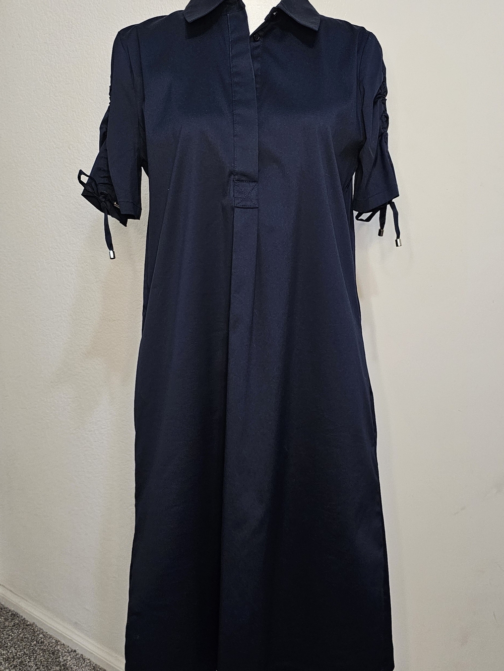 Chico’s Navy Blue Poplin Ruched Tie-Sleeve Collared Shirt Dress Pockets Sz 0 (4)